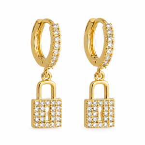 Brinco Dourado de Argolinha com Cadeado Cravejado de Zircônias