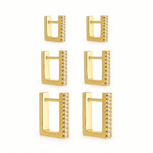Trio Dourado de Argolinhas Quadradas Cravejadas de Zircônias