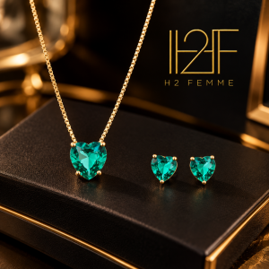 Conjunto Dourado de Coração Verde